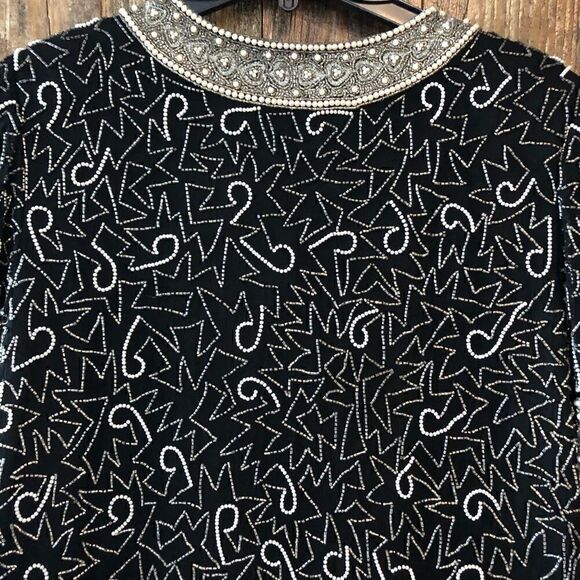Laurence Kazar Sz XL Vintage Heavy Black Silver Beaded & Sequined Mafia Vibe Top - Picture 5 of 8